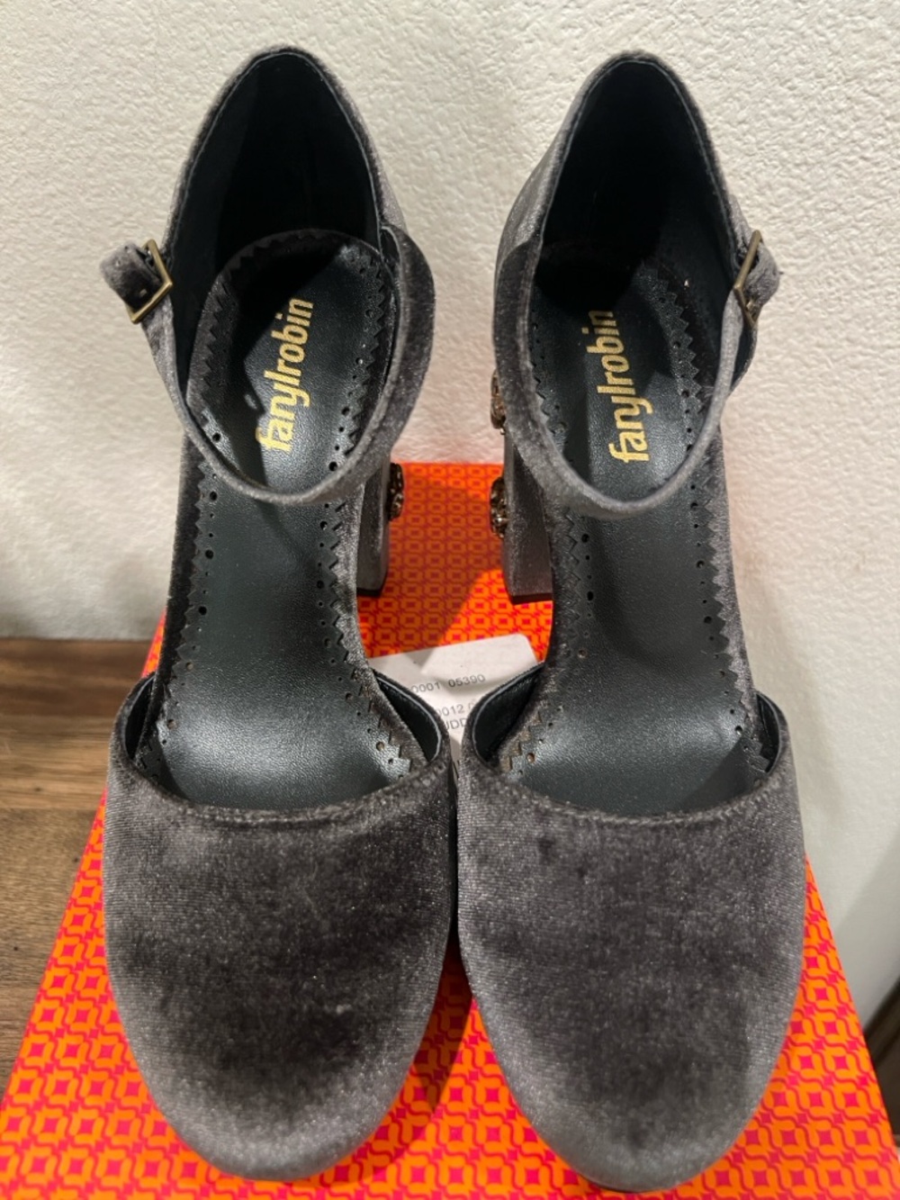 Farylrobin Gray Velvet Mary Jane Heels.